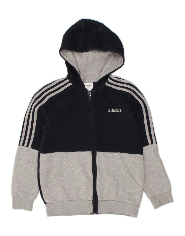 ADIDAS Boys Zip Hoodie Sweater 9-10 Years Grey Colourblock Cotton Hoodie with Hem Contrast Bold Stylish