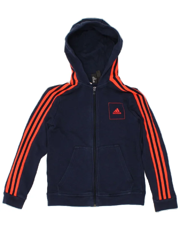 ADIDAS Boys Zip Hoodie Sweater 9-10 Years Navy Blue Cotton Hoodie with Emblem Brand Identity