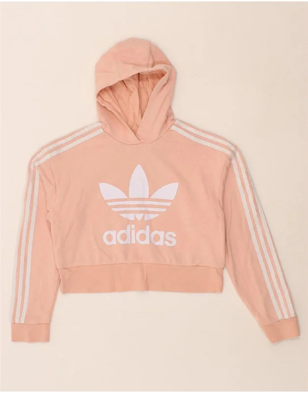 ADIDAS Girls Graphic Hoodie Jumper 11-12 Years Orange Cotton Hoodie with Monochrome Minimalist Simple