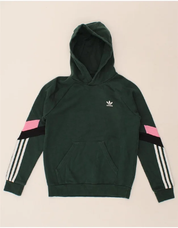 ADIDAS Girls Hoodie Jumper 12-13 Years Green Colourblock Cotton Hoodie with Pastel Soft Subtle