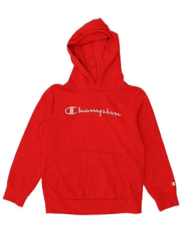 CHAMPION Boys Graphic Hoodie Jumper 9-10 Years Medium  Red Cotton Hoodie with Strings Custom Fit Adjustable