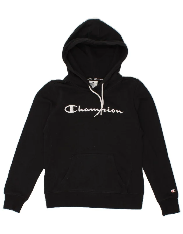 CHAMPION Womens Graphic Hoodie Jumper UK 10 Small Black Cotton Hoodie with Full-Zip Functional Layering