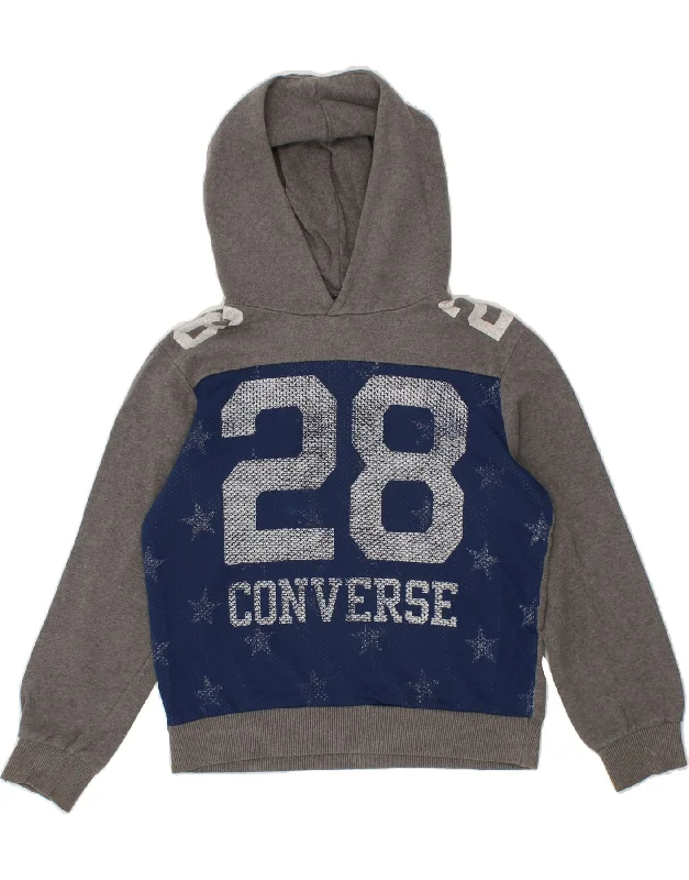 CONVERSE Boys Graphic Hoodie Jumper 9-10 Years Grey Colourblock Cotton Hoodie with Elastic Waist Stretchable Comfortable