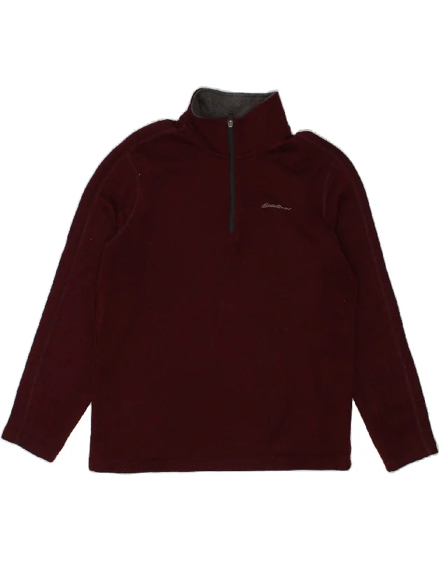 EDDIE BAUER Mens Zip Neck Sweatshirt Jumper Large Burgundy Polyester Hoodie with Side Slits Relaxed Casual