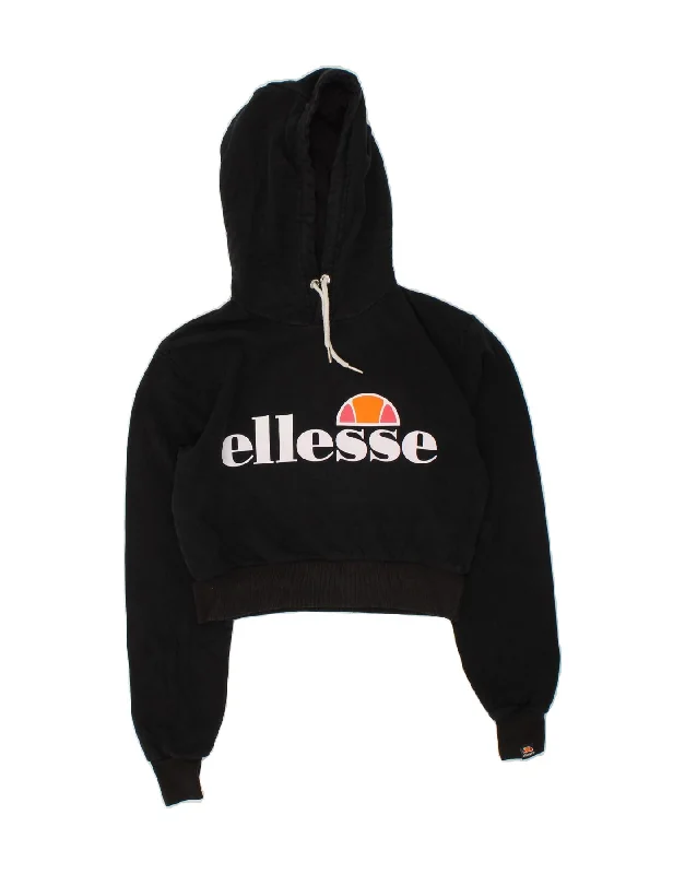 ELLESSE Womens Graphic Crop Hoodie Jumper UK 8 Small Black Cotton Hoodie with Stripes Bold Sporty