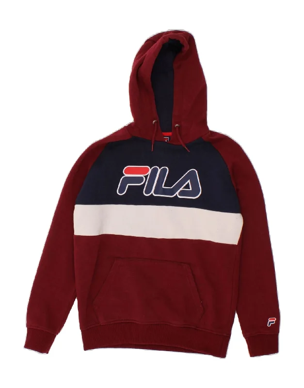 FILA Boys Graphic Hoodie Jumper 12-13 Years Maroon Colourblock Polyester Hoodie with Slit Hem Functional Movement