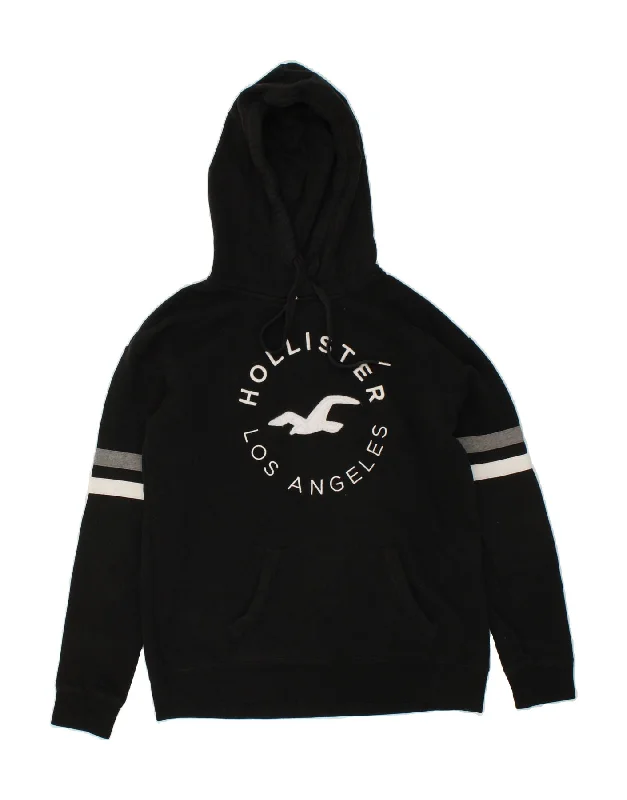 HOLLISTER Mens Graphic Hoodie Jumper Medium Black Cotton Hoodie with Patch Decorative Personalized