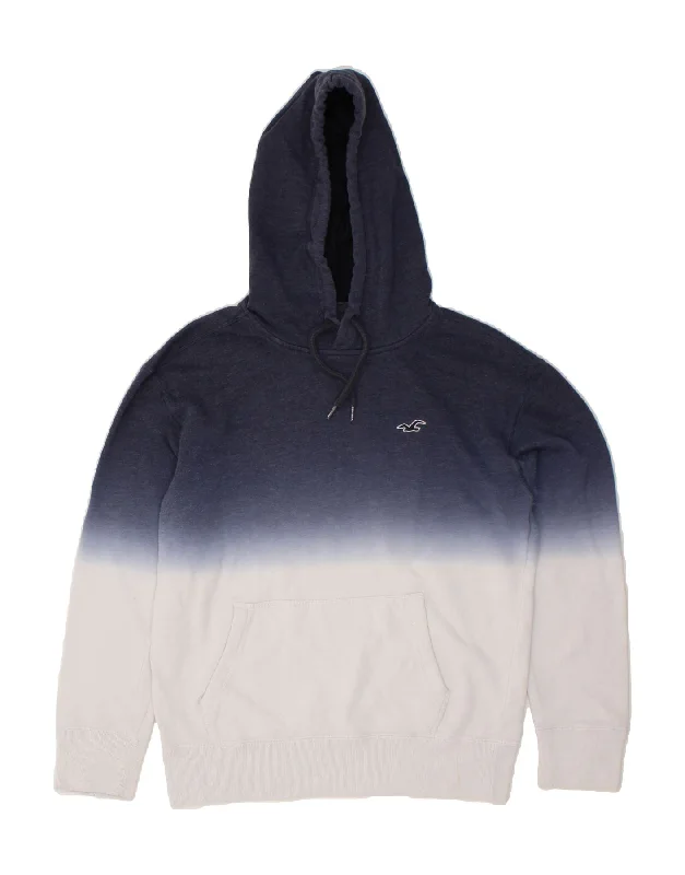 HOLLISTER Mens Hoodie Jumper Small Navy Blue Colourblock Cotton Hoodie with Hem Raw Edge Edgy Unfinished