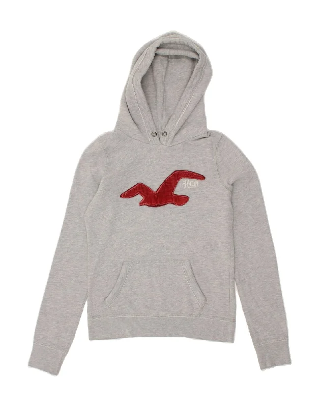 HOLLISTER Womens California Graphic Hoodie Jumper UK 12 Medium Grey Cotton Hoodie with Zipper Placket Modern Functional