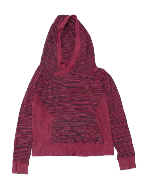 HURLEY Womens Hoodie Jumper UK 14 Medium Pink Striped Cotton Hoodie with Back Slit Movement Comfort