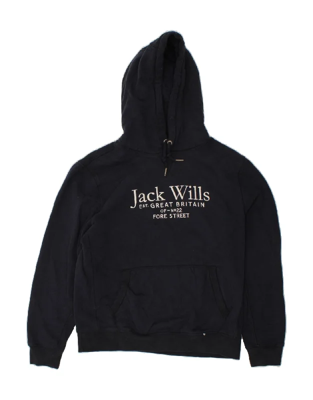 JACK WILLS Mens Graphic Hoodie Jumper XL Navy Blue Cotton Hoodie with Hem Elastic Stretchable Comfortable