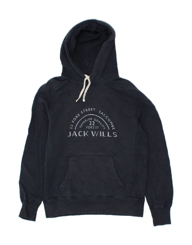 JACK WILLS Mens Graphic Hoodie Jumper XS Navy Blue Cotton Hoodie with Crew Neck Simple Timeless