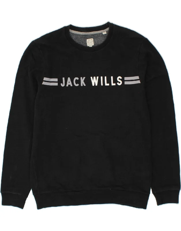 JACK WILLS Mens Graphic Sweatshirt Jumper Large Black Cotton Hoodie with Elastic Cuffs Stretchable Comfortable