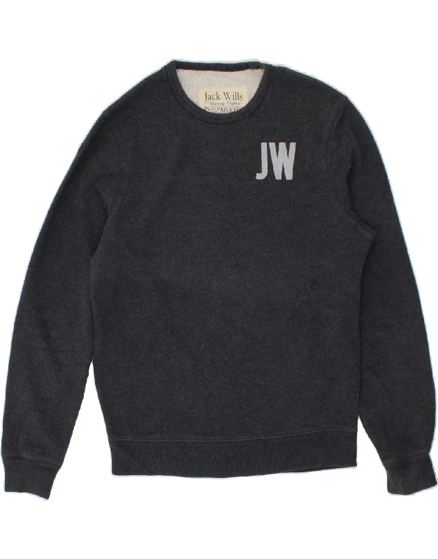 JACK WILLS Mens Graphic Sweatshirt Jumper Small Navy Blue Cotton Hoodie with Drawcord Adjustable Secure