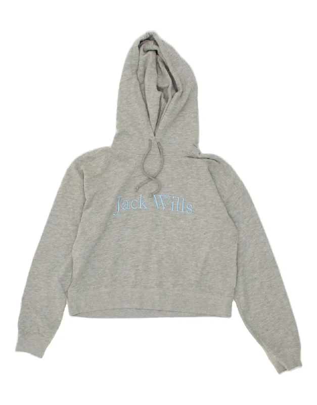 JACK WILLS Womens Crop Graphic Hoodie Jumper UK 8 Small  Grey Flecked Hoodie with Batwing Sleeves Loose Dramatic