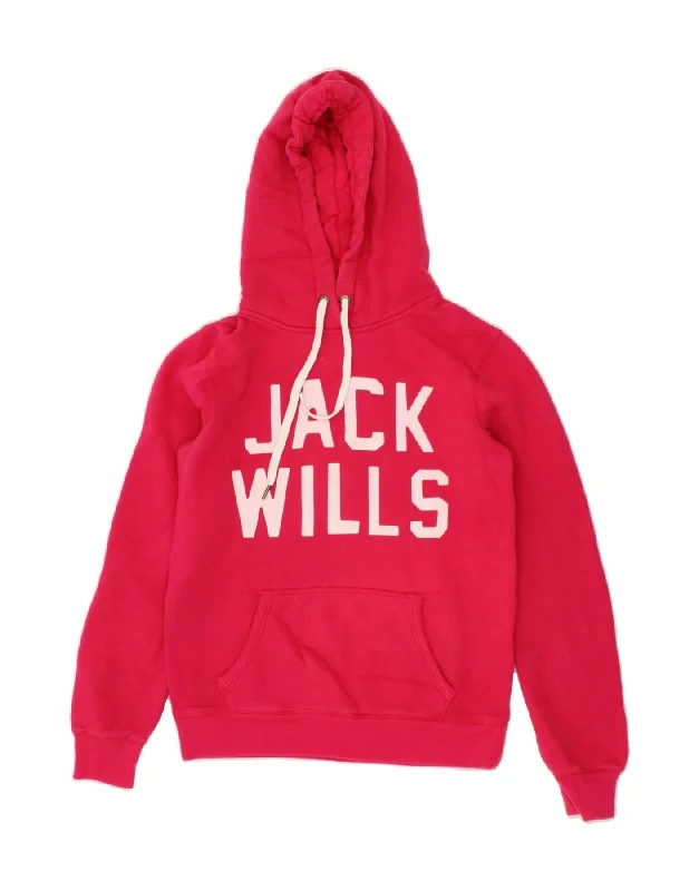 JACK WILLS Womens Graphic Hoodie Jumper UK 10 Small  Pink Cotton Hoodie with Drop Shoulder Relaxed Streetwear