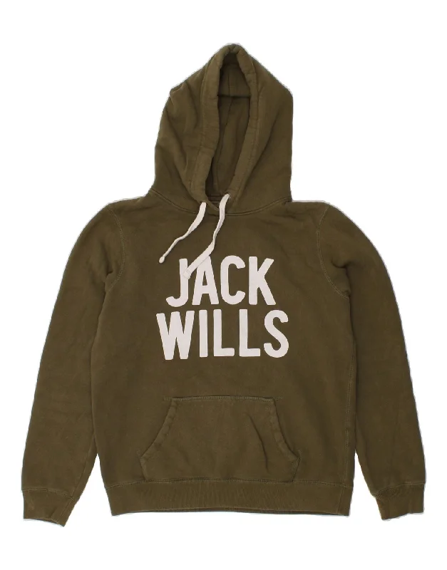 JACK WILLS Womens Graphic Hoodie Jumper UK 12 Medium Khaki Cotton Hoodie with Toggle Buttons Decorative Unique