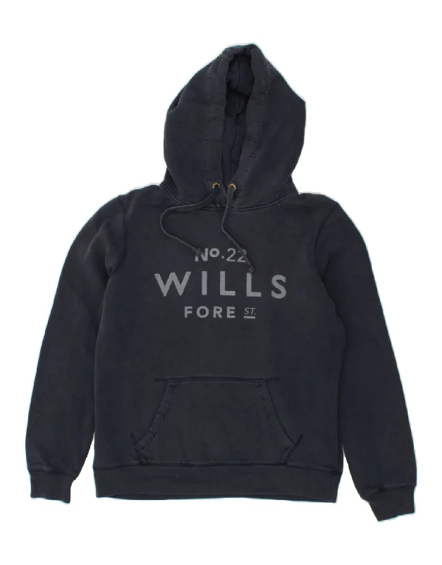 JACK WILLS Womens Graphic Hoodie Jumper UK 14 Large  Navy Blue Cotton Hoodie with Monochrome Minimalist Simple