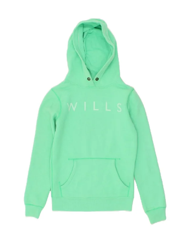 JACK WILLS Womens Graphic Hoodie Jumper UK 4 XS  Green Cotton Hoodie with Distressed Vintage Worn