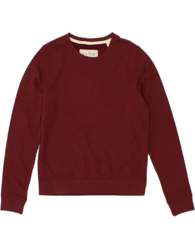 JACK WILLS Womens Graphic Sweatshirt Jumper UK 8 Small  Burgundy Cotton Hoodie with Mock Neck Collared Structured