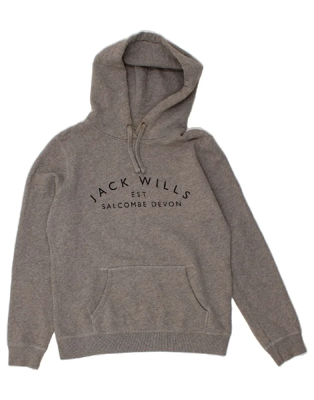 JACK WILLS Womens Oversized Graphic Hoodie Jumper UK 10 Small Grey Cotton Hoodie with Thumb Holes Functional Cozy