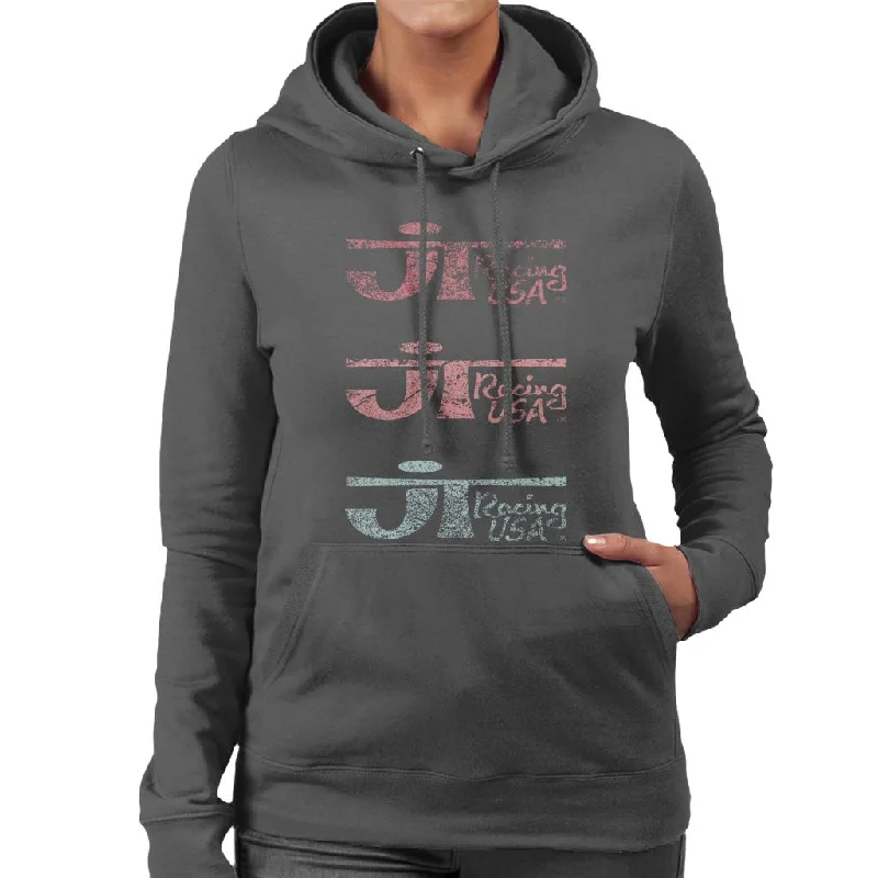 JT Racing Faded Trio Of Logos Women's Hooded Sweatshirt Zip Hoodie Drawstring Kangaroo Pocket