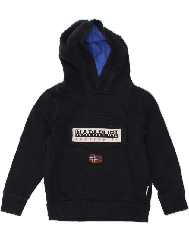 NAPAPIJRI Boys Graphic Hoodie Jumper 5-6 Years Navy Blue Cotton Hoodie with Hem Raw Edge Edgy Unfinished