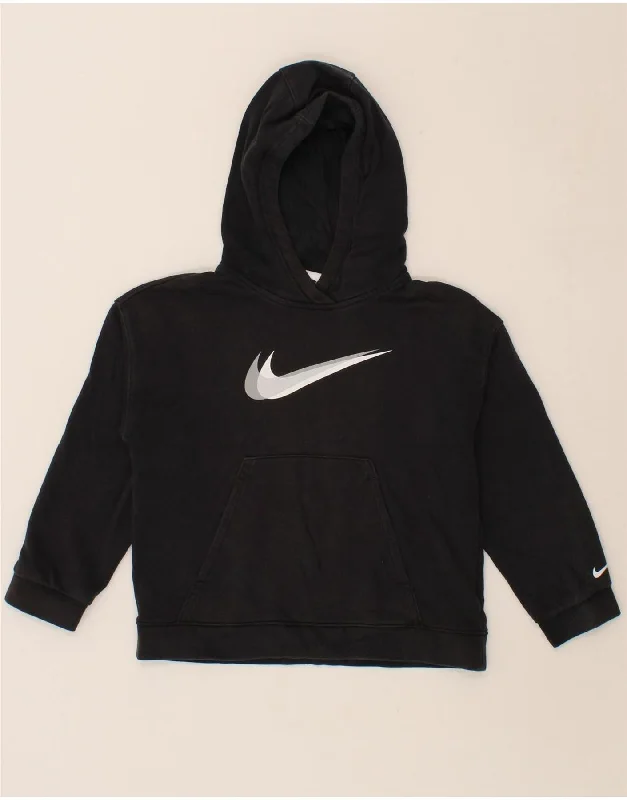 NIKE Boys Loose Fit Graphic Hoodie Jumper 8-9 Years Small Black Cotton Hoodie with Raw Hem Edgy Unfinished