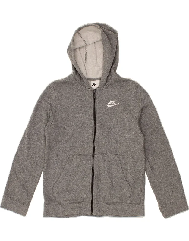 NIKE Boys Zip Hoodie Sweater 10-11 Years Medium Grey Cotton Hoodie with Frayed Bohemian Relaxed