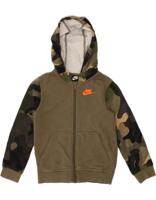 NIKE Boys Zip Hoodie Sweater 6-7 Years XS Khaki Camouflage Cotton Hoodie with Neon Bright Vibrant