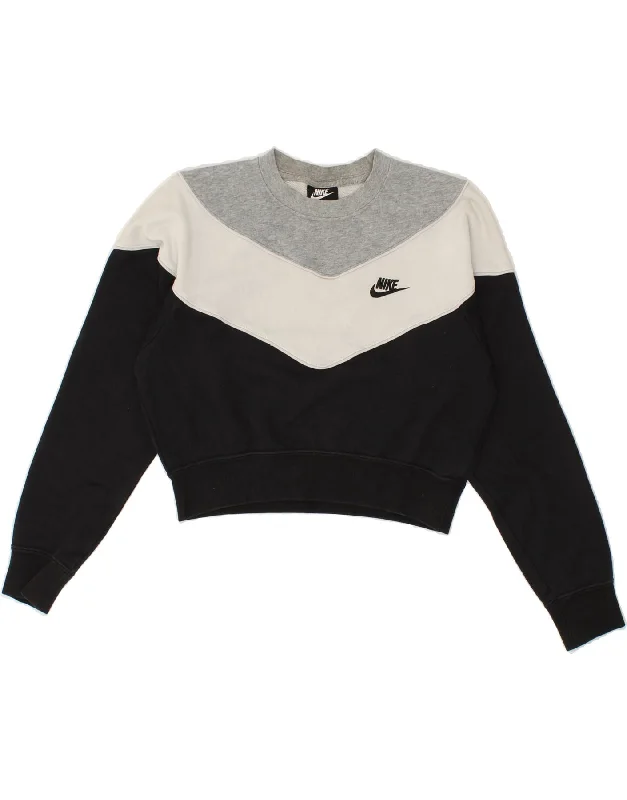 NIKE Womens Crop Sweatshirt Jumper UK 10 Small Black Colourblock Cotton Hoodie with Snap Buttons Easy Quick