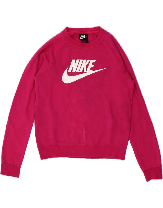 NIKE Womens Oversized Graphic Crop Sweatshirt Jumper UK 6 XS Pink Cotton Hoodie with Gradient Ombre Colorful