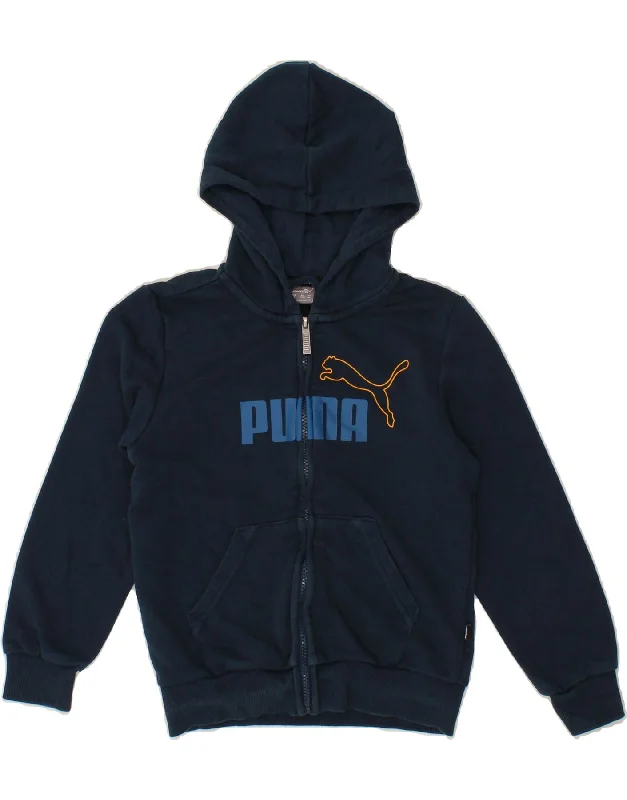 PUMA Boys Graphic Zip Hoodie Sweater 9-10 Years Navy Blue Cotton Hoodie Jacket Zipper Layering