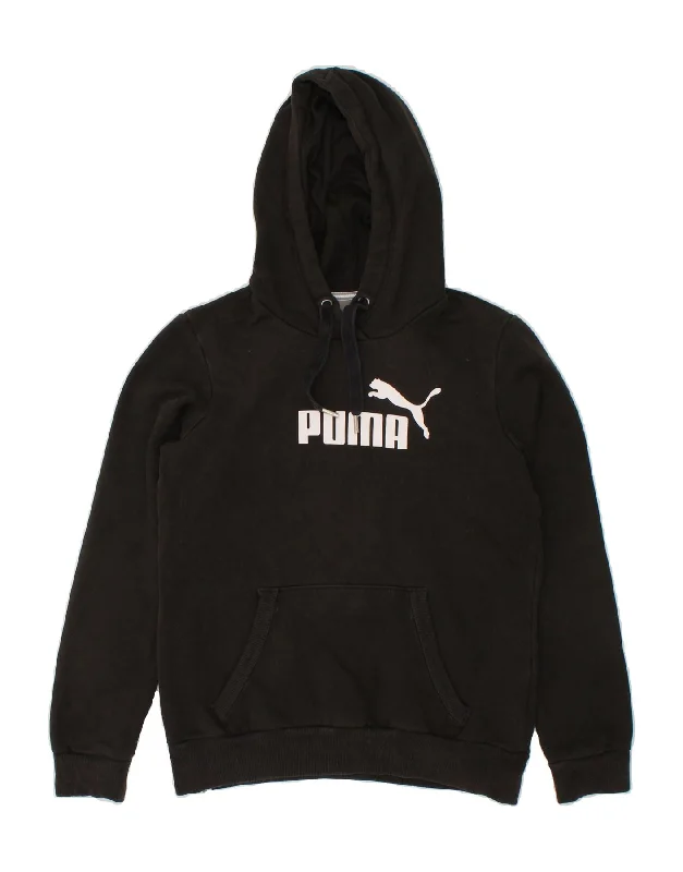 PUMA Womens Graphic Hoodie Jumper UK 10 Small  Black Cotton Hoodie with Pattern Geometric Abstract