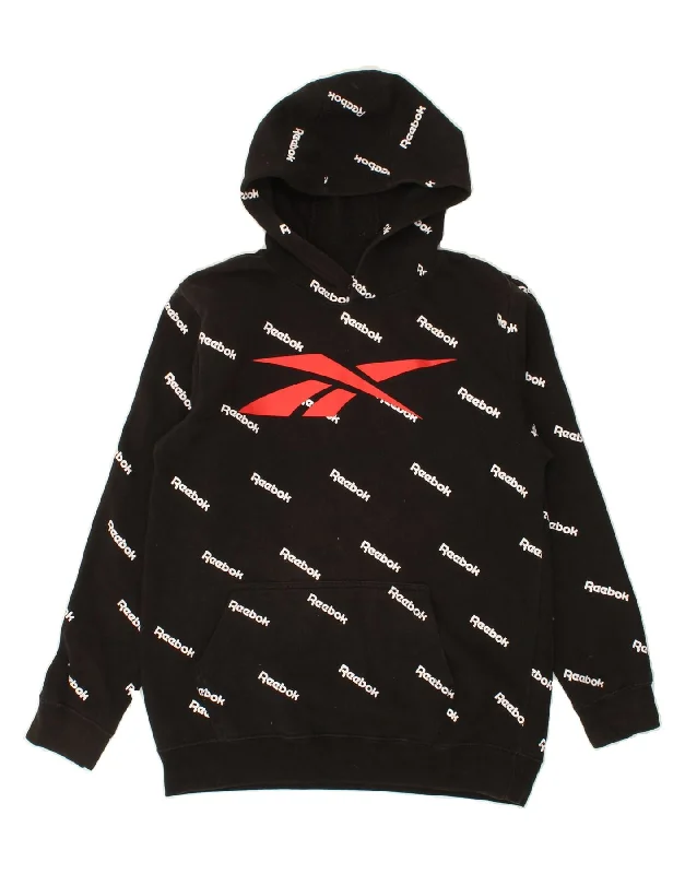 REEBOK Boys Graphic Hoodie Jumper 15-16 Years XL Black Cotton Hoodie with Bell Sleeves Flared Feminine