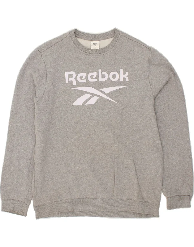 REEBOK Mens Graphic Sweatshirt Jumper XL Grey Cotton Hoodie with Zipper Versatile Modern