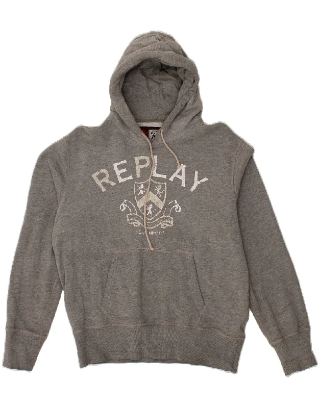 REPLAY Mens Graphic Hoodie Jumper Medium Grey Cotton Hoodie with Typography Text Message