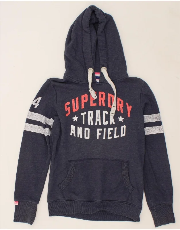 SUPERDRY Womens Oversized Graphic Hoodie Jumper UK 10 Small Navy Blue Hoodie with Sequins Glamorous Eye-catching