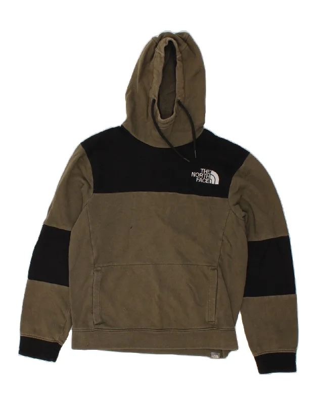 THE NORTH FACE Mens Hoodie Jumper Small Khaki Colourblock Cotton Cotton Hoodie Fleece Lining Warmth