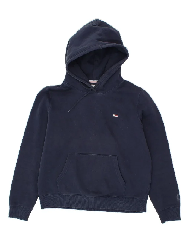 TOMMY HILFIGER Womens Hoodie Jumper UK 14 Medium Navy Blue Cotton Hoodie with Applique Textured Unique