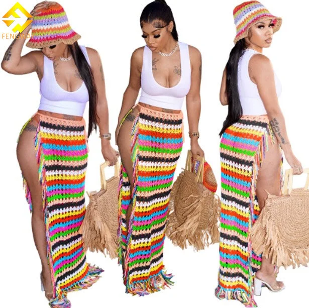 Fengway 2023 Summer Woman Side Slit Skirt Knitted Wrap Beach Skirt Cover Up Tassel Fringe Crochet Beach Skirt denim skirt classic