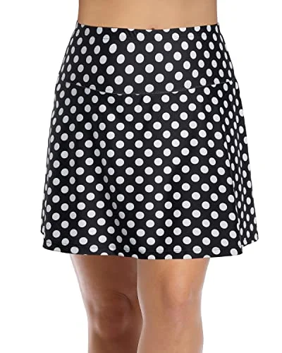 Modest Coverage Athletic Swim Skirt Plus Size Bathing Suit-Black Dot ruffled skirt detail