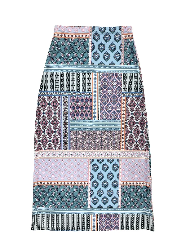 Blue Patchwork Maxi Swim Skirt belted skirt waist