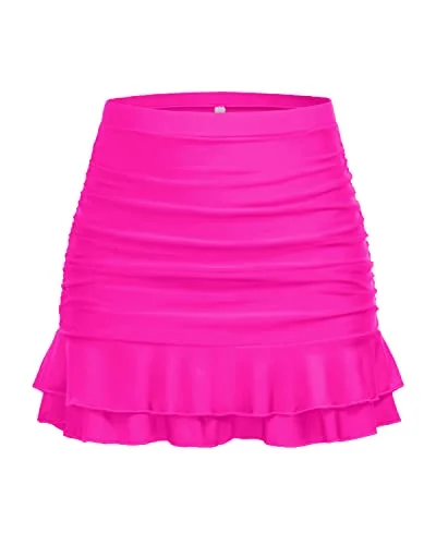 Women's Ruched Tummy Control Swim Skirt With Built In Brief-Neon Pink cotton skirt soft