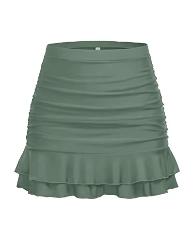 Tummy Control Bathing Suit Bottoms High Waisted Swim Skirt-Olive Green spandex blend skirt