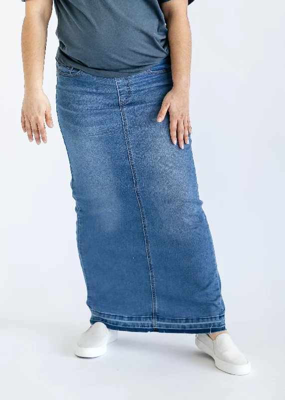 Morgan Maternity Distressed Raw Hem Long Denim Skirt - FINAL SALE zip skirt side