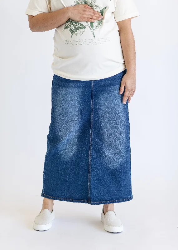 Reece Maternity Long Denim Skirt - FINAL SALE ruffled skirt detail