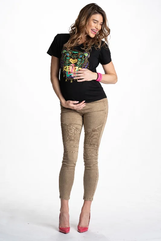 Desert Khaki Moto Maternity Leggings Casual Black Leggings