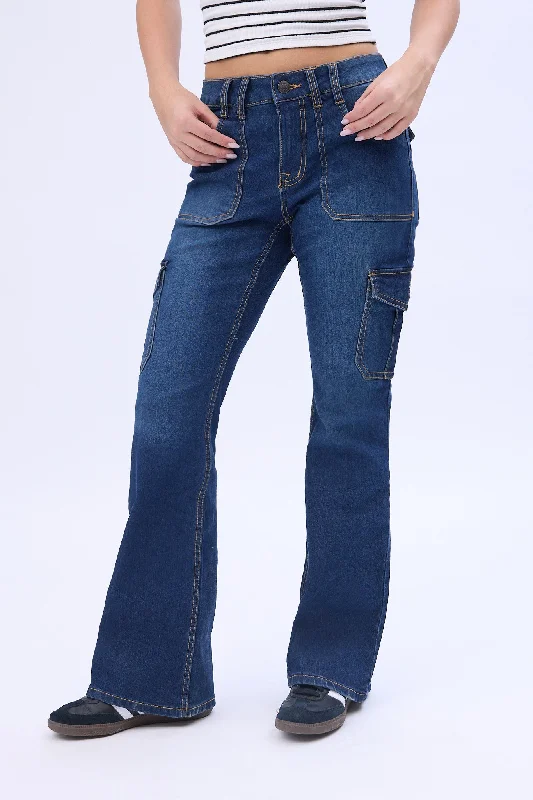 Mid Rise Cargo Flare Jeans Elegant Raw Hem Jeans