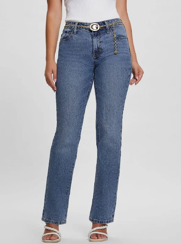 Mid-Rise G-Belt Sexy Straight Leg Denim Jeans In Lunar Blue Wash Trendy Paperbag Waist Jeans